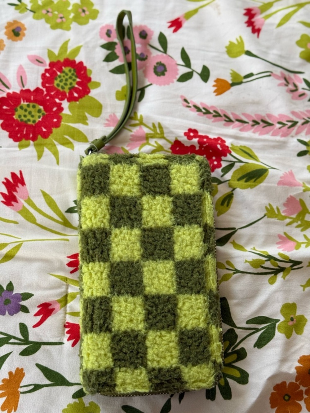 Green funky checkered wallet with strap